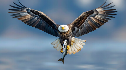 A bald eagle soaring through the sky with a freshly caught fish in its talons, showcasing its hunting prowess.