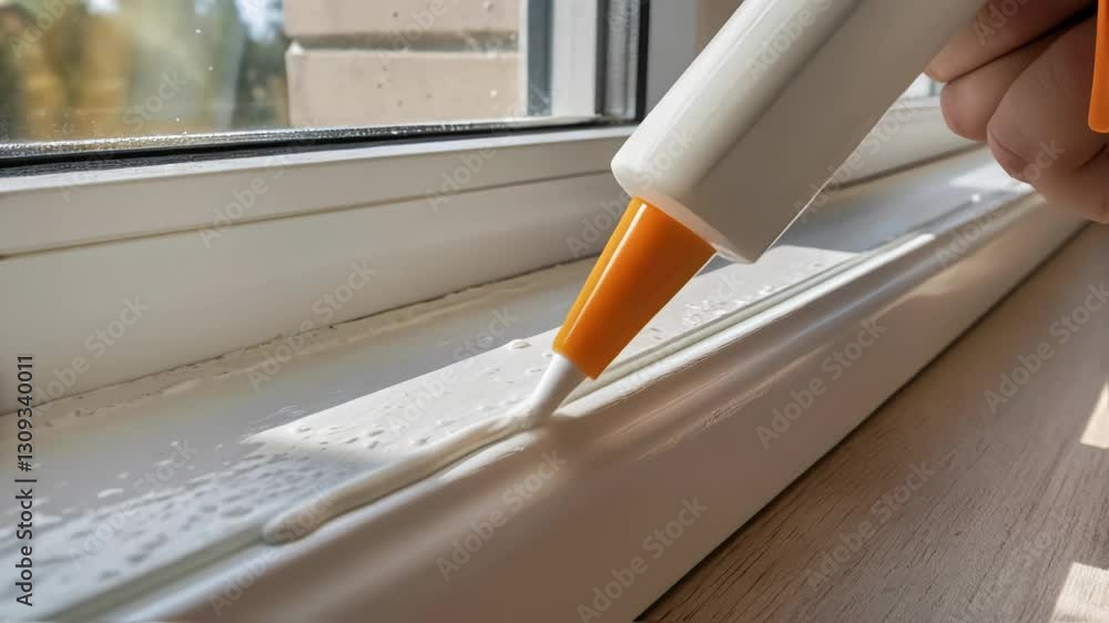Poster professional construction worker carefully applying white sealant around window frame, ensuring prec