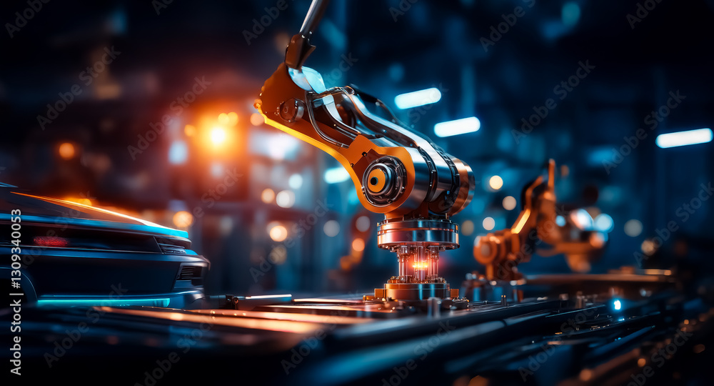 Aufkleber Automated robotic arms in a factory setting perform tasks with precision. Bright lights illuminate the scene, showcasing technology in manufacturing.