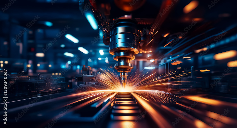 Poster a futuristic industrial machine intensely drills, generating bright sparks in a dark, high-tech fact