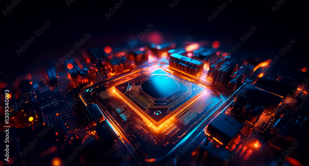 Poster Close-up of a futuristic circuit board with a central square element radiating blue light, contrasted by vibrant orange illuminations. Intricate and detailed technology design.