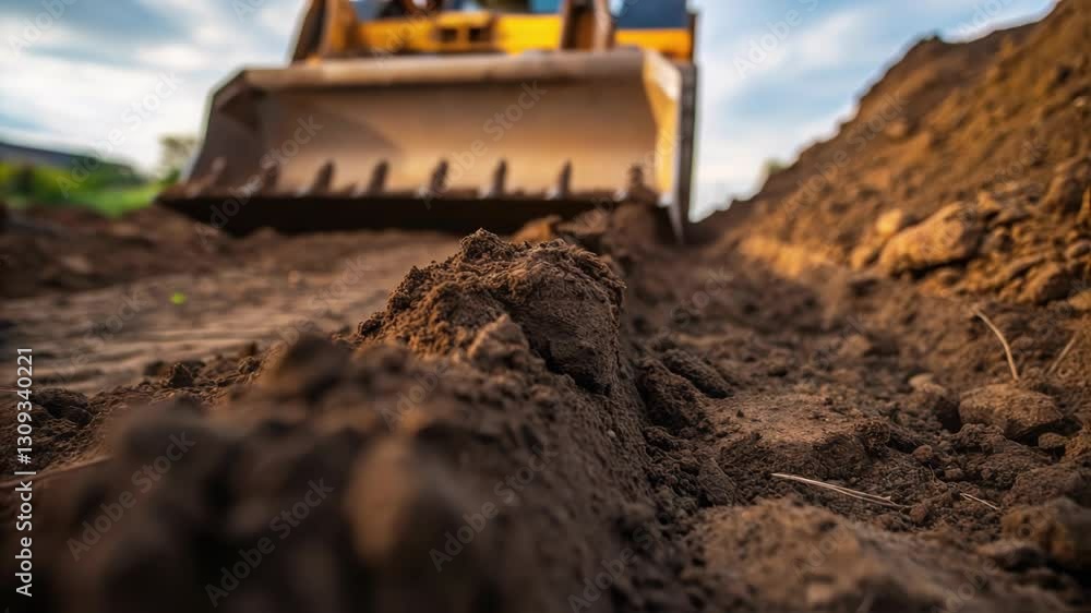 Poster large yellow bulldozer pushing dark soil across active construction site, creating deep trench while