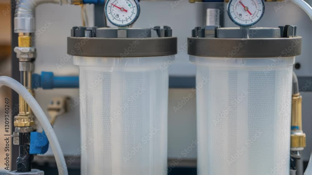 Aufkleber industrial water purification system with pressure sensors and transparent containers is working on 