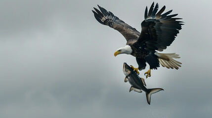 A bald eagle soaring through the sky with a freshly caught fish in its talons, showcasing its hunting prowess.