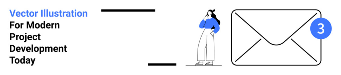 Woman thinking next to large envelope with alert badge indicating three new notifications. Ideal for communication, email management, notifications, messages, online interaction, project
