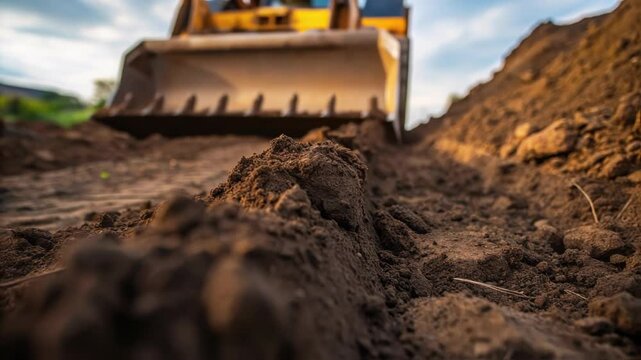 Large yellow bulldozer pushing dark soil across active construction site, creating deep trench while leveling uneven ground with heavy industrial machinery