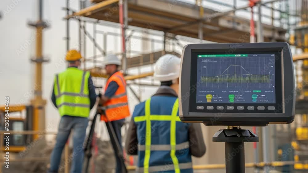 Poster Construction engineers analyzing real time monitoring data through digital display, highlighting technological integration at modern building site