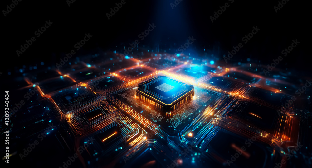 Aufkleber Futuristic glowing circuit board with intricate pathways and bright blue light emanating from the central processor on a dark backdrop, symbolizing technology.