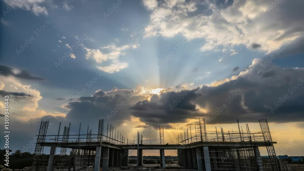Aufkleber beautiful crepuscular rays filtering through clouds during a colorful sunset illuminating the metal 