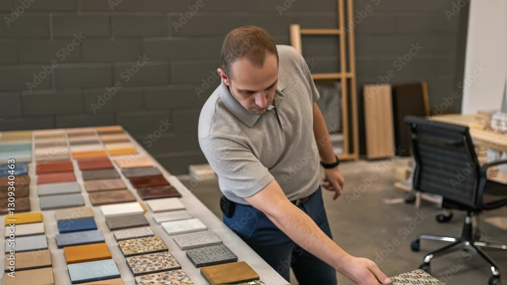 Poster interior designer carefully examining various tile samples, exploring different colors, textures, an