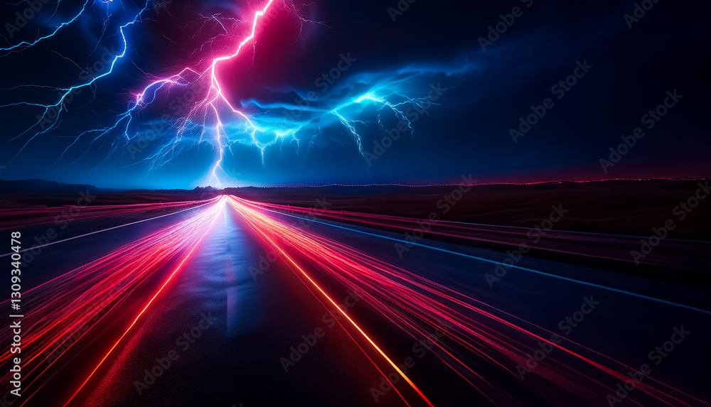 Aufkleber dramatic night scene with vibrant lightning illuminating a dark road. light streaks from passing veh