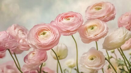 Delicate ranunculus flowers in pastels.