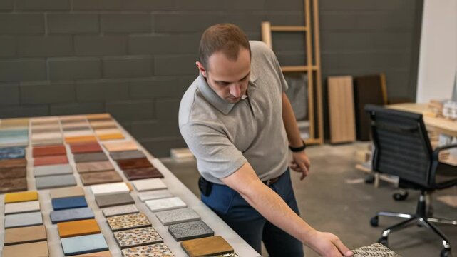 Interior designer carefully examining various tile samples, exploring different colors, textures, and patterns to find perfect match for upcoming renovation project