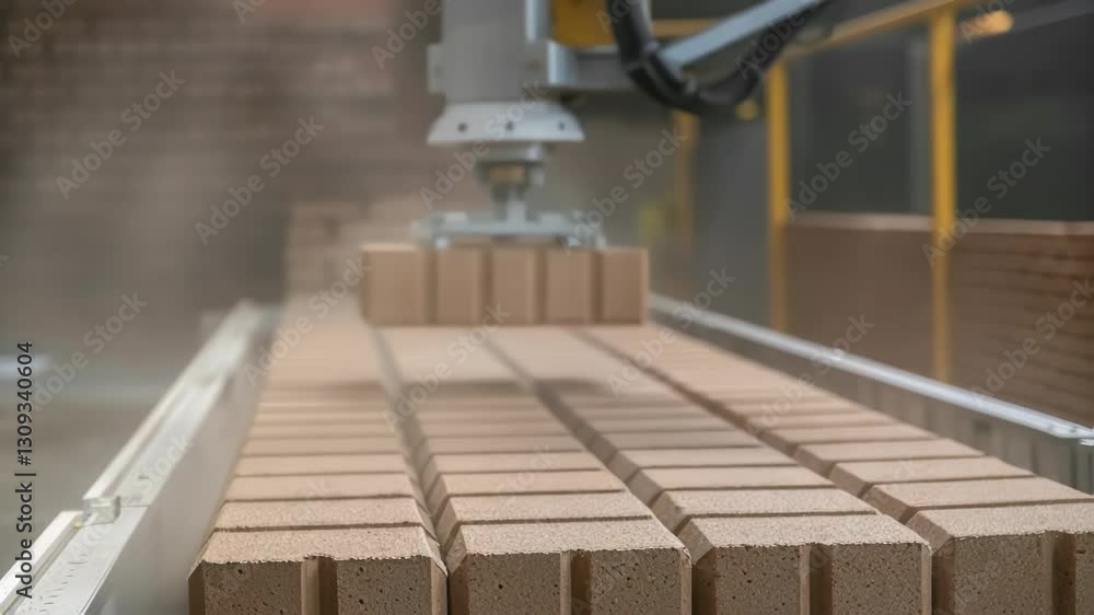 Poster precision engineered robotic arm systematically placing ceramic bricks along industrial conveyor bel