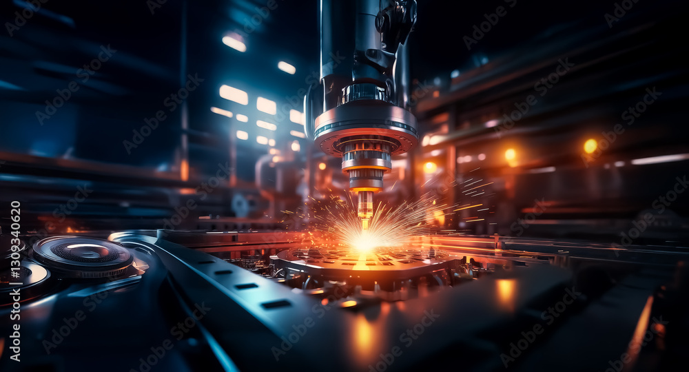 Aufkleber a robotic arm uses precise automation to weld metal components in a dimly lit factory. sparks fly as