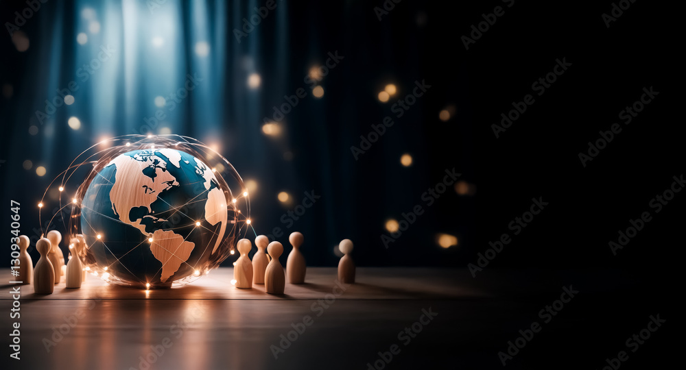 Poster A glowing globe encircled by light strands sits on a reflective surface surrounded by small wooden figures against a dark backdrop, suggesting global connections and networks.