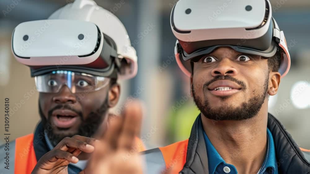 Poster professional engineers wearing safety gear experiencing virtual reality headset, expressing surprise