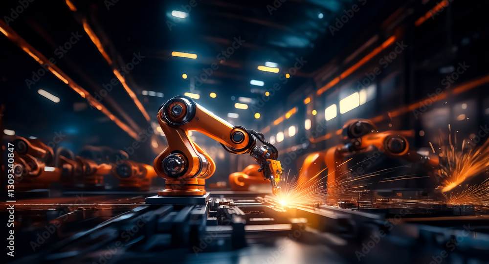 Poster Automated factory scene with robotic arms working on a production line. Sparks are generated in this industrial setting, highlighting modern manufacturing.