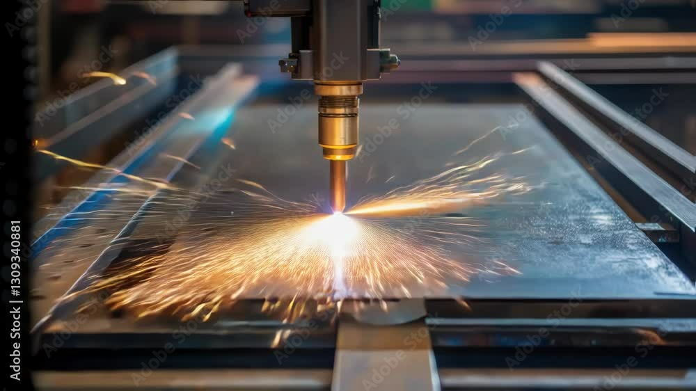 Poster Automated plasma torch precisely cutting through a steel plate, generating sparks and demonstrating industrial metalworking processes in a manufacturing setting