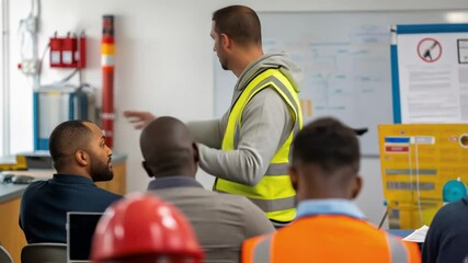 Engineer wearing a safety vest is giving a presentation to a group of construction workers, emphasizing safety procedures and guidelines in a professional setting