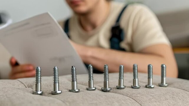 Skilled furniture assembler carefully reviewing detailed instruction manual, organizing screws methodically while sitting on sofa with concentrated precision during home improvement project