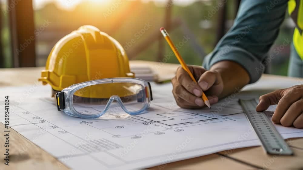 Poster Engineering concept, architect or engineer working on blueprint with safety helmet and goggles, drawing and developing building plans on construction site
