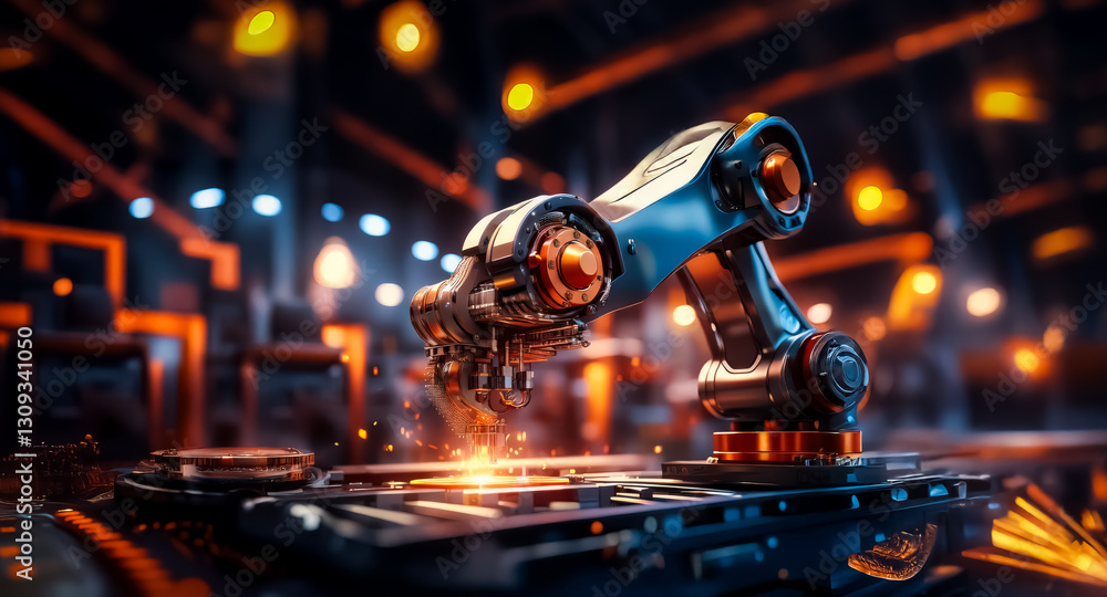 Aufkleber industrial robotic arm works in a bright, futuristic factory setting. sparks fly as it performs a ta