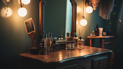 Vanity Table Decorated With Perfume Bottles And Lights