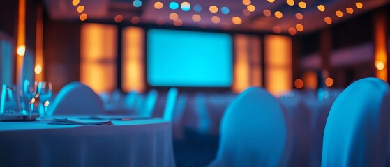 Stylish banquet hall ready for a conference, chairs with elegant covers, soft lighting, luxurious decor, and a professional event setup