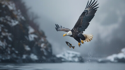A striking photograph of a bald eagle mid-flight with a fish securely gripped in its sharp talons, wings fully extended.