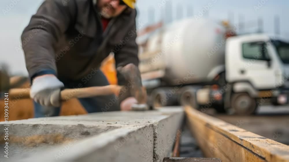 Poster construction worker shaping concrete curb using hammer, focusing intently on precise manual labor wh