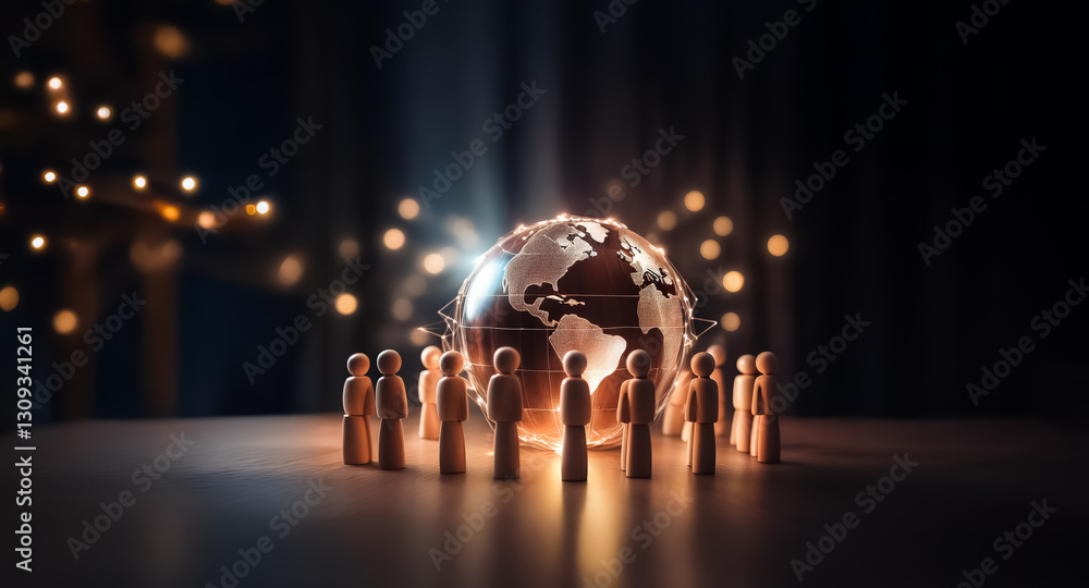 Leinwandbilder Wooden figures encircle a glowing globe, symbolizing global connection and unity. Soft bokeh lights in the background create a warm, inviting atmosphere.