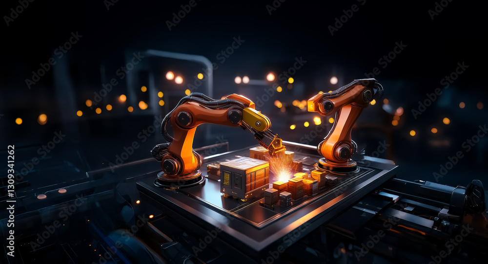 Leinwandbilder two robotic arms expertly perform assembly in a dim industrial setting, illuminated by bokeh lights,