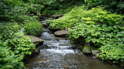 Serene Stream Flows Through Lush Green Garden with Stepping Stones and Dense Vegetation