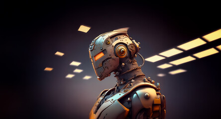 Fototapeta premium A futuristic metallic robot with glowing orange eyes is positioned in a dimly lit area featuring illuminated square patterns on the backdrop, showcasing a mechanical aesthetic.