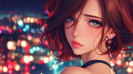 Naklejka premium Anime girl with tears in eyes in rainy city at night, digital art illustration