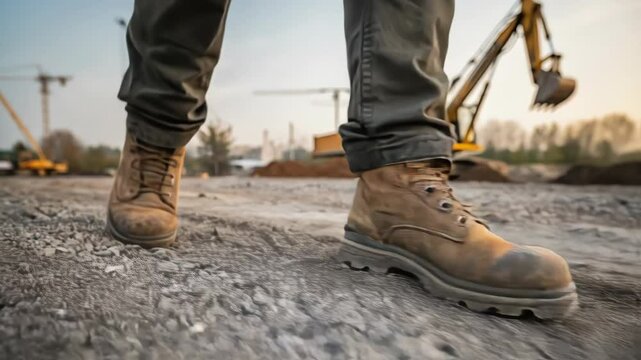 Construction worker in safety boots striding confidently across gravel at bustling building site with industrial cranes and heavy machinery in background