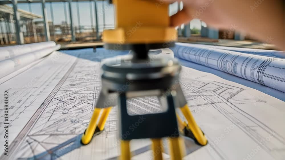 Aufkleber construction blueprints spread across a surface, with a surveyor meticulously adjusting a laser leve