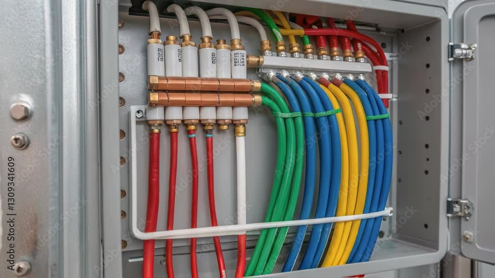 Poster metal control panel containing various colorful electrical wires and pipes, likely part of a heating