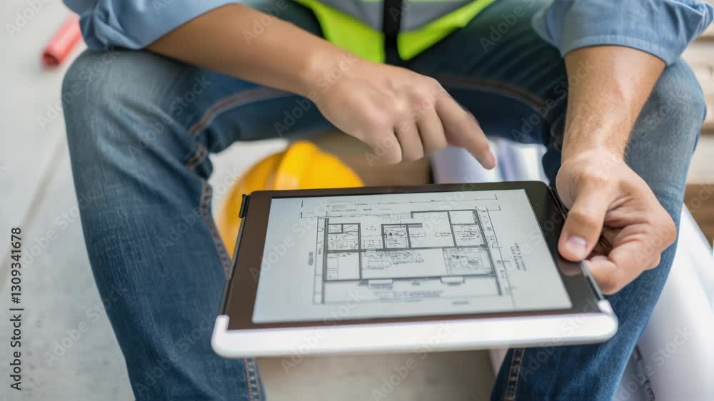 Poster construction professional wearing high visibility safety vest reviewing architectural blueprints on 