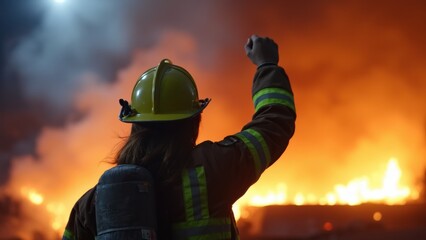 Naklejka premium Firefighter is standing in front of a burning building, holding his hand up in the air. The scene is intense and dramatic