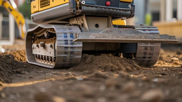 Yellow heavy machinery pushing soil and leveling ground during foundation preparation at active construction site, showcasing earthmoving equipment in industrial landscape