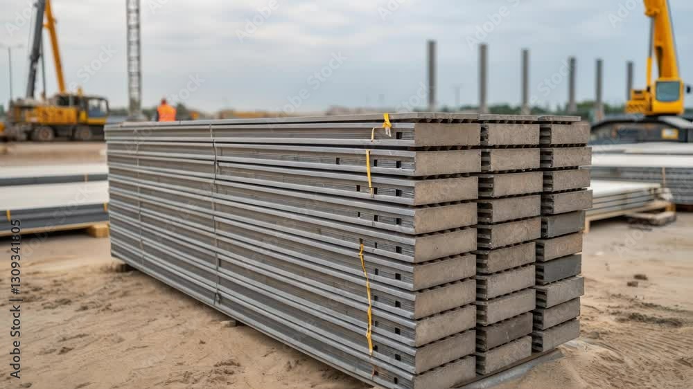 Fototapete Multiple views of precast concrete hollow core slabs stacked and secured with straps at a construction site, ready for installation, showcasing the organized storage of building materials