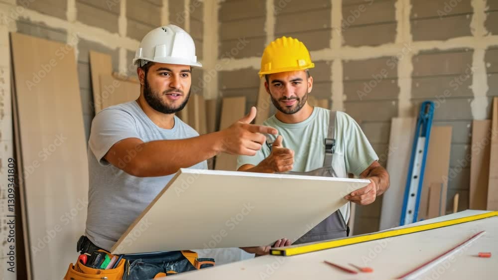 Poster two builders wearing safety helmets are carefully inspecting a plasterboard, discussing its quality 