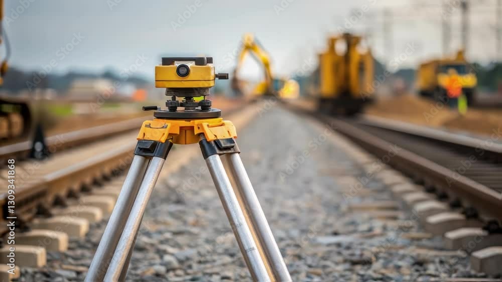 Poster precision surveying equipment positioned on gravel beside railway construction site, capturing infra