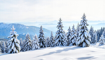 Obraz premium Snow-covered fir trees on mountain slope, serene winter landscape