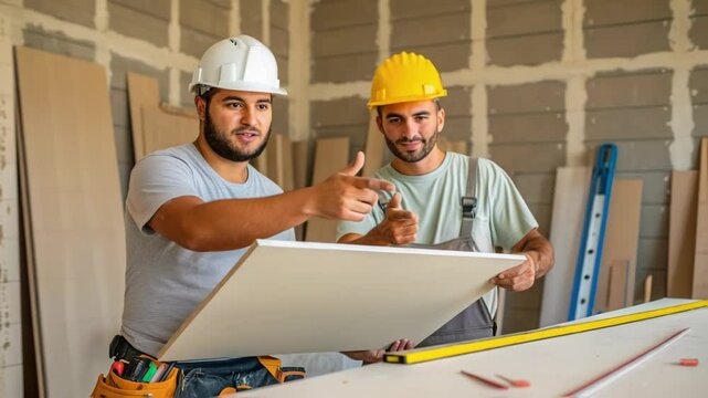 Two builders wearing safety helmets are carefully inspecting a plasterboard, discussing its quality and suitability for their project in a workshop environment