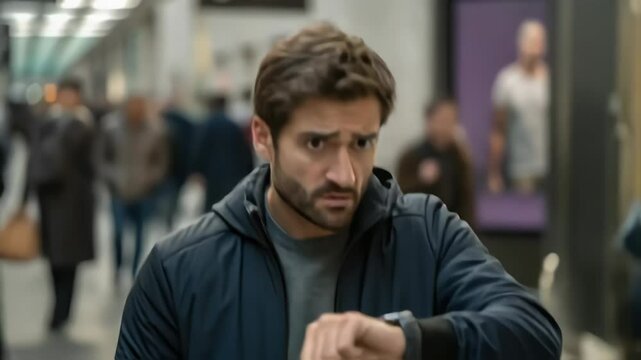 Impatient man is repeatedly checking the time on his smartwatch while waiting in a busy station, surrounded by a blurred crowd of commuters