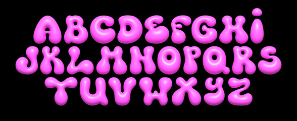 Pink bubble font. Cute 3D glossy liquid alphabet with shiny effect. Vector set