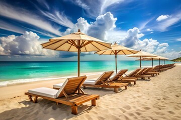Obraz premium Luxury Tropical Beach Scene with Golden Sand, Turquoise Sea, and Elegant Lounge Chairs Under Summer Sun